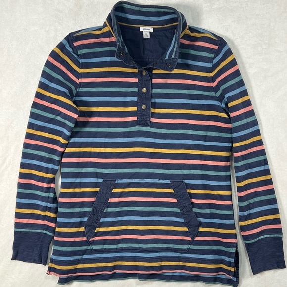 L.L. bean Men’s Size Medium Snap Navy Stripe Pullover Sweater Cotton EUC - Picture 1 of 12